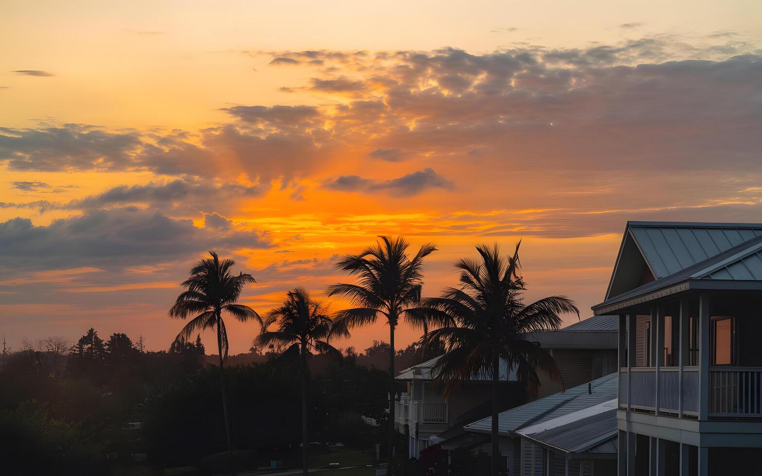 Beautiful sunset over tree and house photo