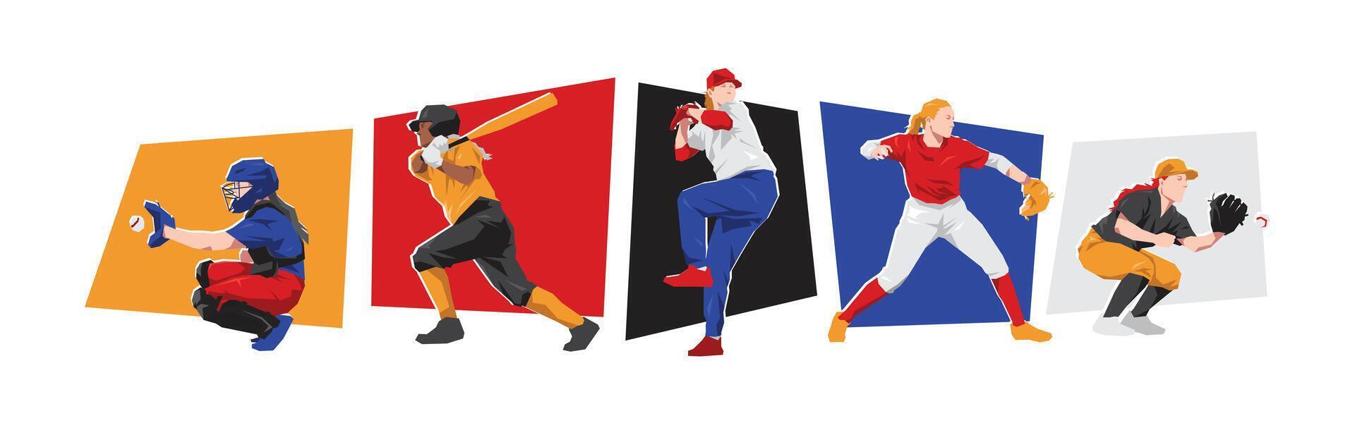 Set of female baseball player character with different poses. Isolated on white background. Flat illustration. vector