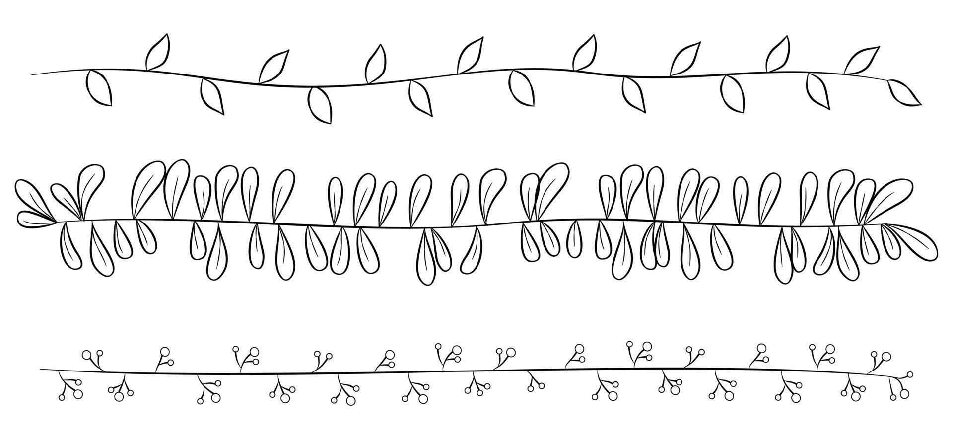 Horizontal long floral garland. Branch, leaf frame, border. Ink sketch, set. vector