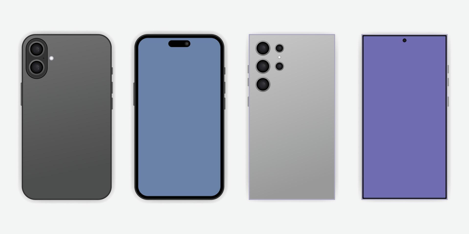 Set of front and back view smartphone mockups. Cellphone frame with blue background screen isolated templates. Mobile device mockups for presentation template. vector