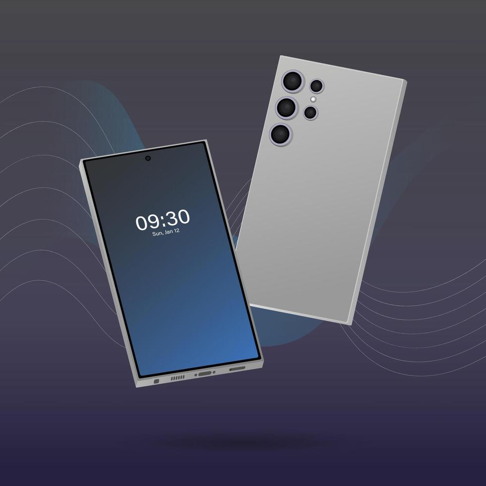 3d smartphone mockup. Cellphone frame with blue gradient color screen isolated templates. 3d mobile phone device on a dark background. vector