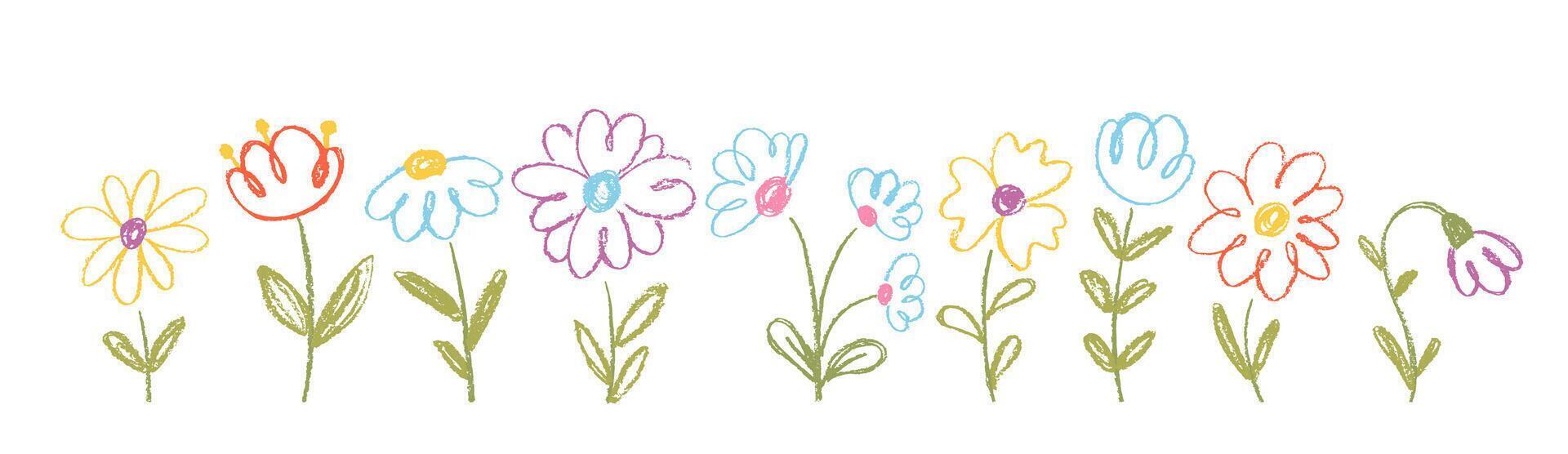 Collection of crayon doodle flowers with leaves. Spring Easter illustration with pastel or chalk texture. Color kids illustration on a white background. vector