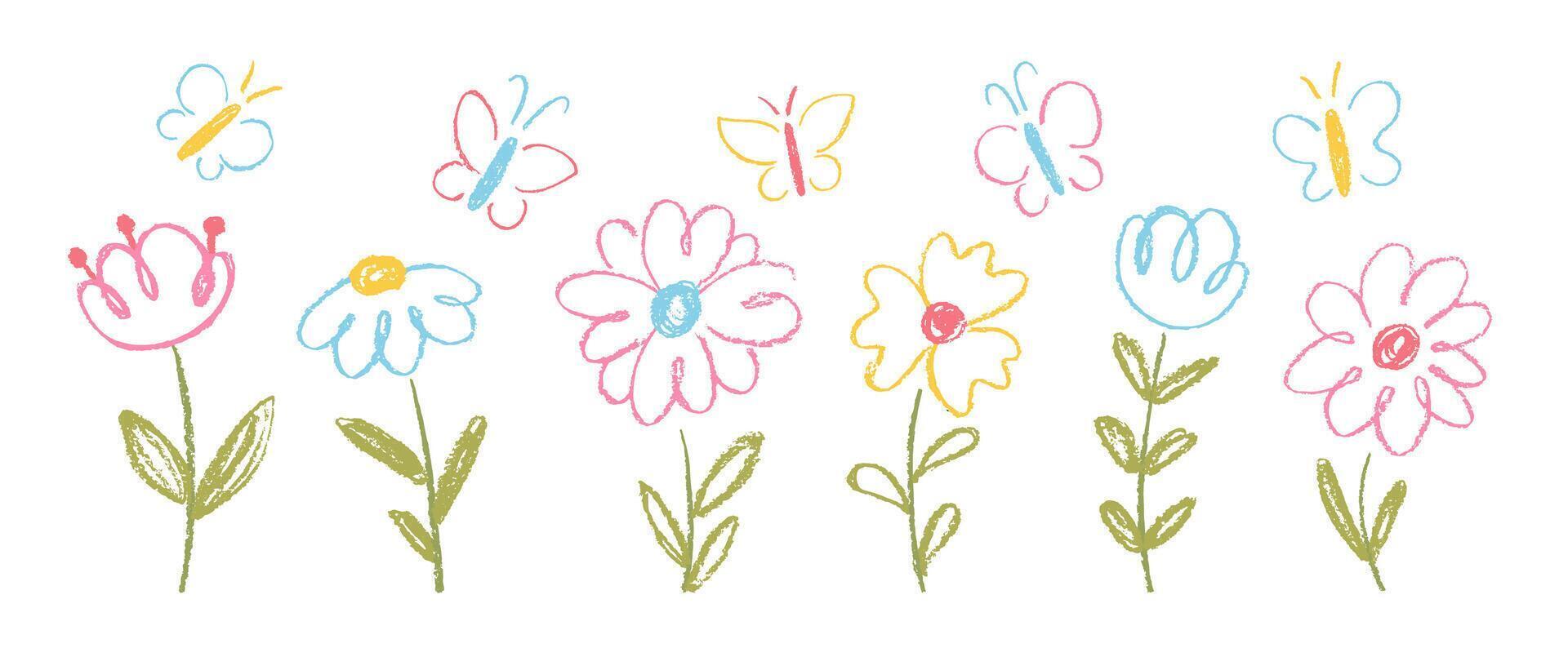 Set of doodle flowers for kids with crayon, chalk or pastel texture. Sketch spring floral background with butterflies. Easter or summer illustration. vector
