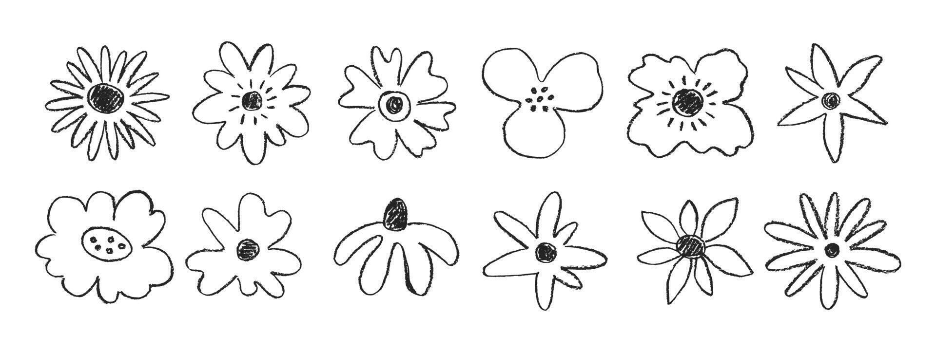 Collection of summer or spring flowers with wax or crayon texture. Grunge doodle illustration painted with pastels. vector