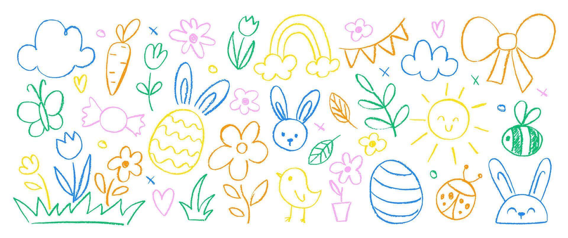 Collection of hand drawn Easter elements with crayon or pastel texture. Chalk bunny, flower, eggs and butterfly. Doodle color illustration on a white background. vector