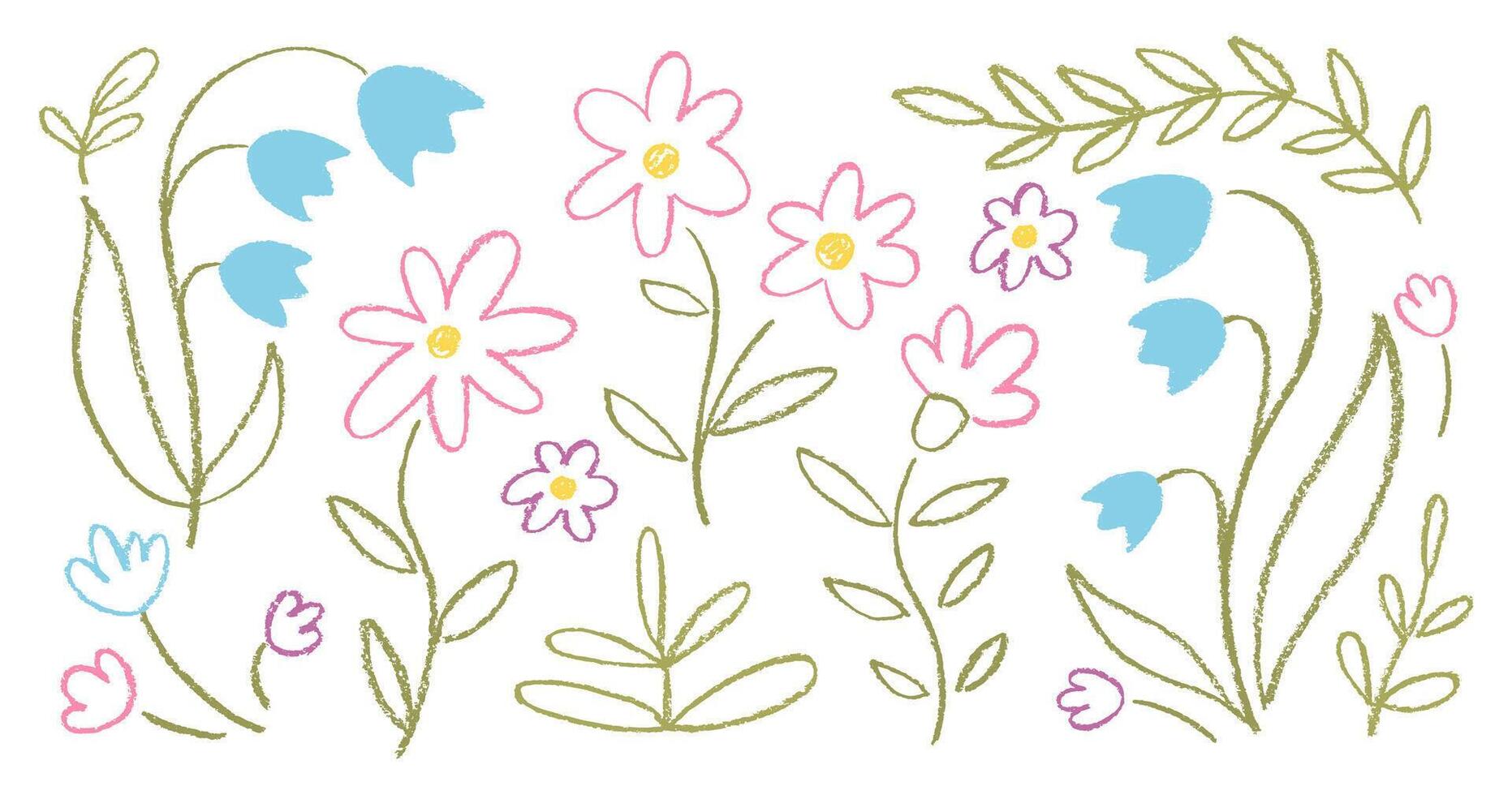 Collection of crayon doodle flowers with leaves. Summer illustration with pastel or chalk texture. Easter childish illustration on a white background. vector