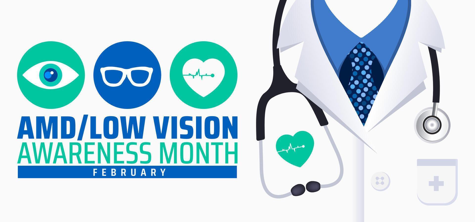AMDLow or AMD Low Vision Awareness Month background banner or poster design template. observed every year in February. Holiday concept. Use to any Template, card, poster, placard, template. vector