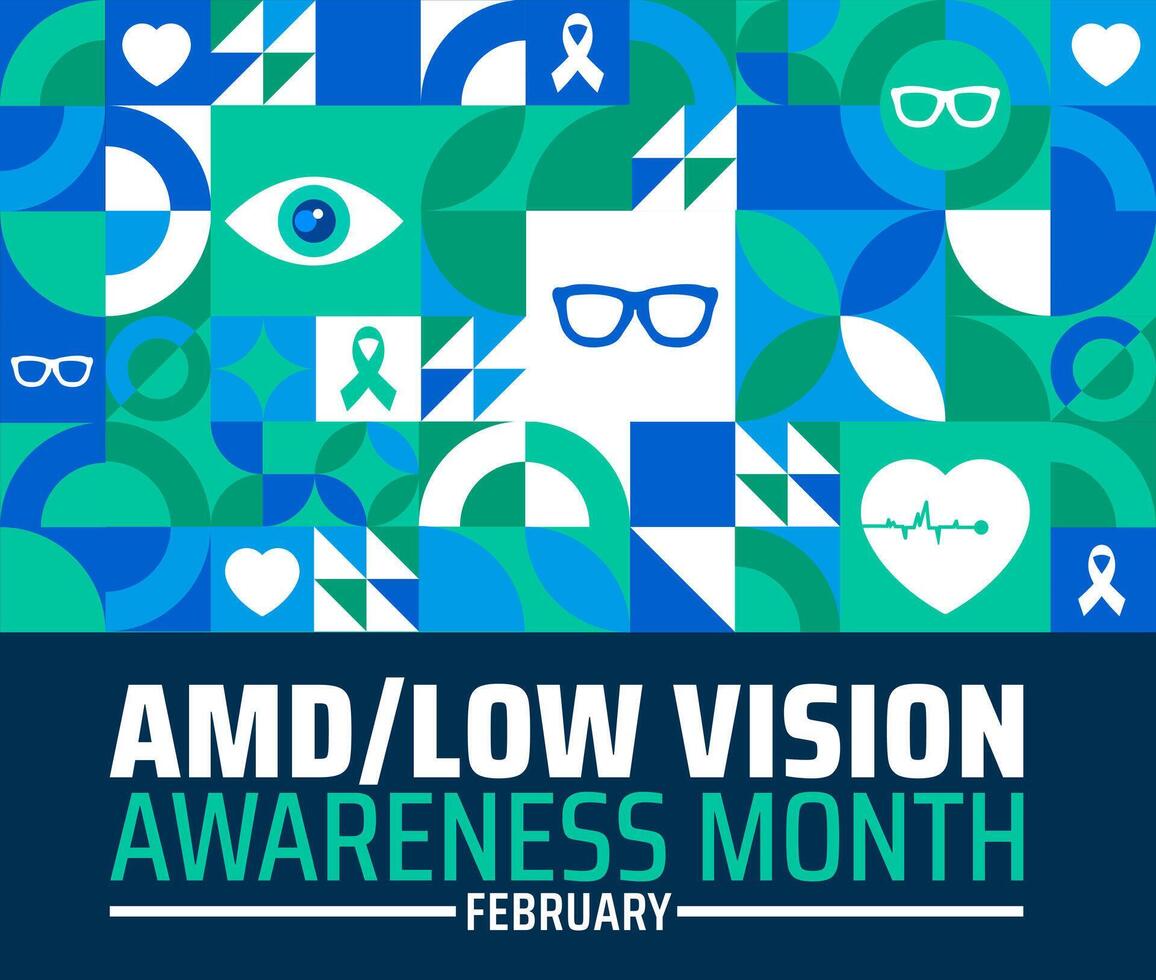 AMD Low Vision Awareness Month geometric shape pattern background banner or poster design template. observed every year in February. vector