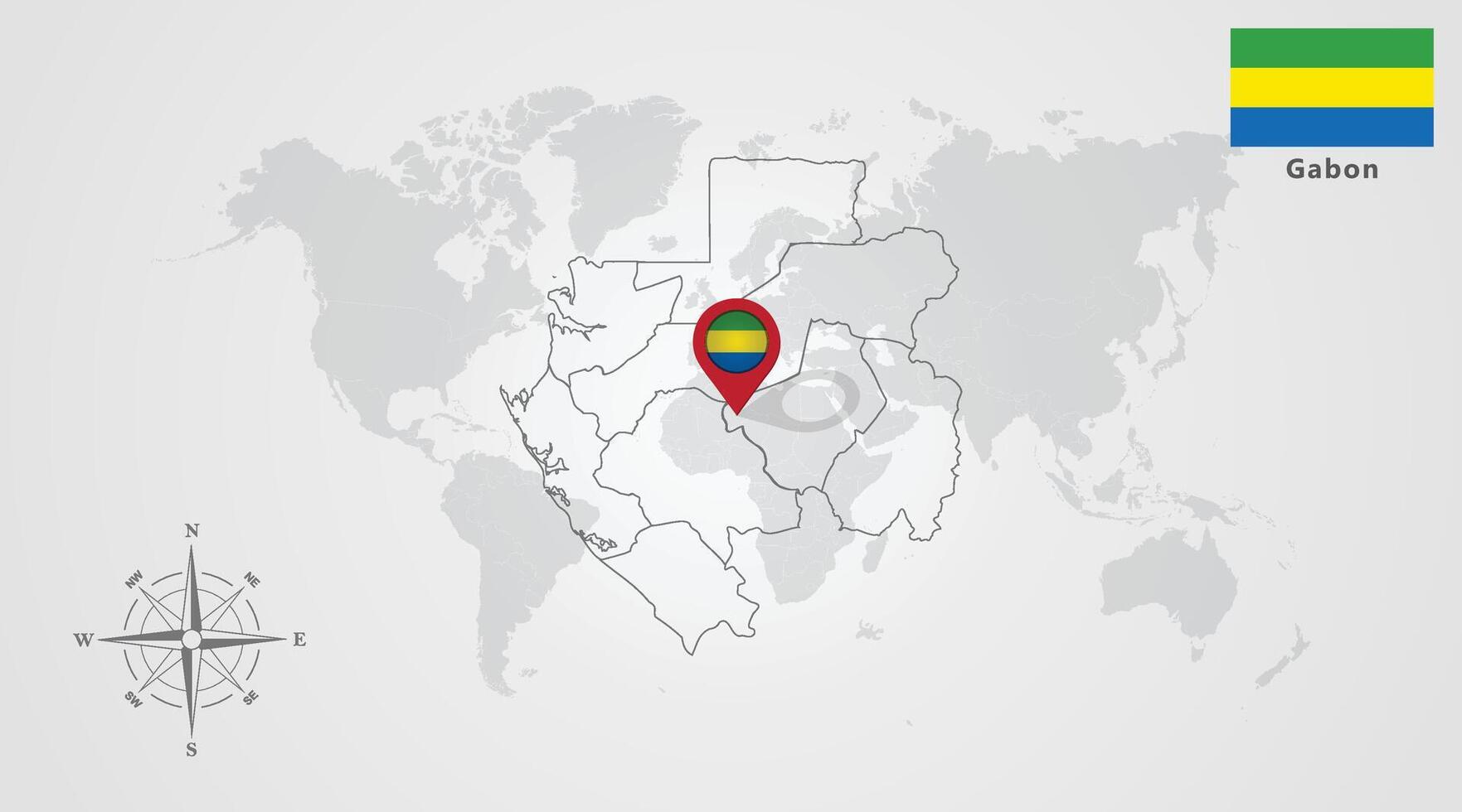 Gabon flag icon design with map outline, Template with the national flag and map vector