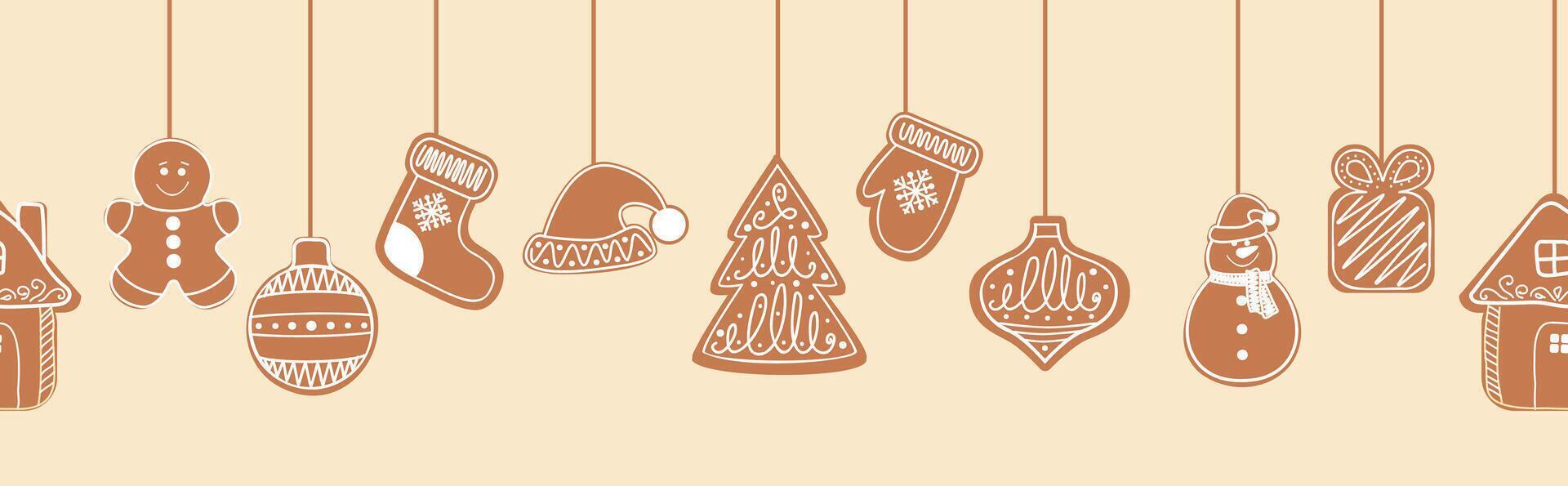 Christmas ginger cookies Hanging on strings. biscuits in shape of gingerbread man, house, Christmas tree, snowman, gift, Santa hat. background for card, banner, site design vector