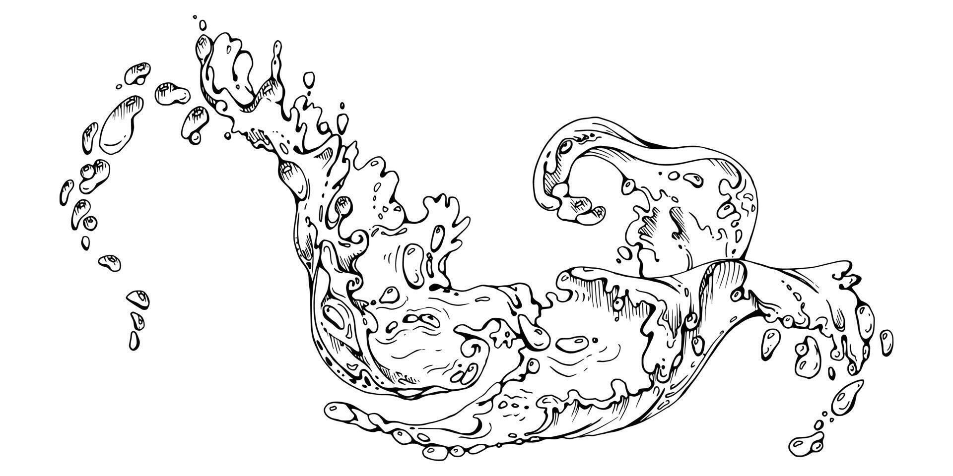 Water flow, splashes bubbles waves with dew drops. Flowing clear wet spray ripples, liquid pouring motion. illustration hand drawn in ink, single object isolated on white. Fresh food ads, menu vector