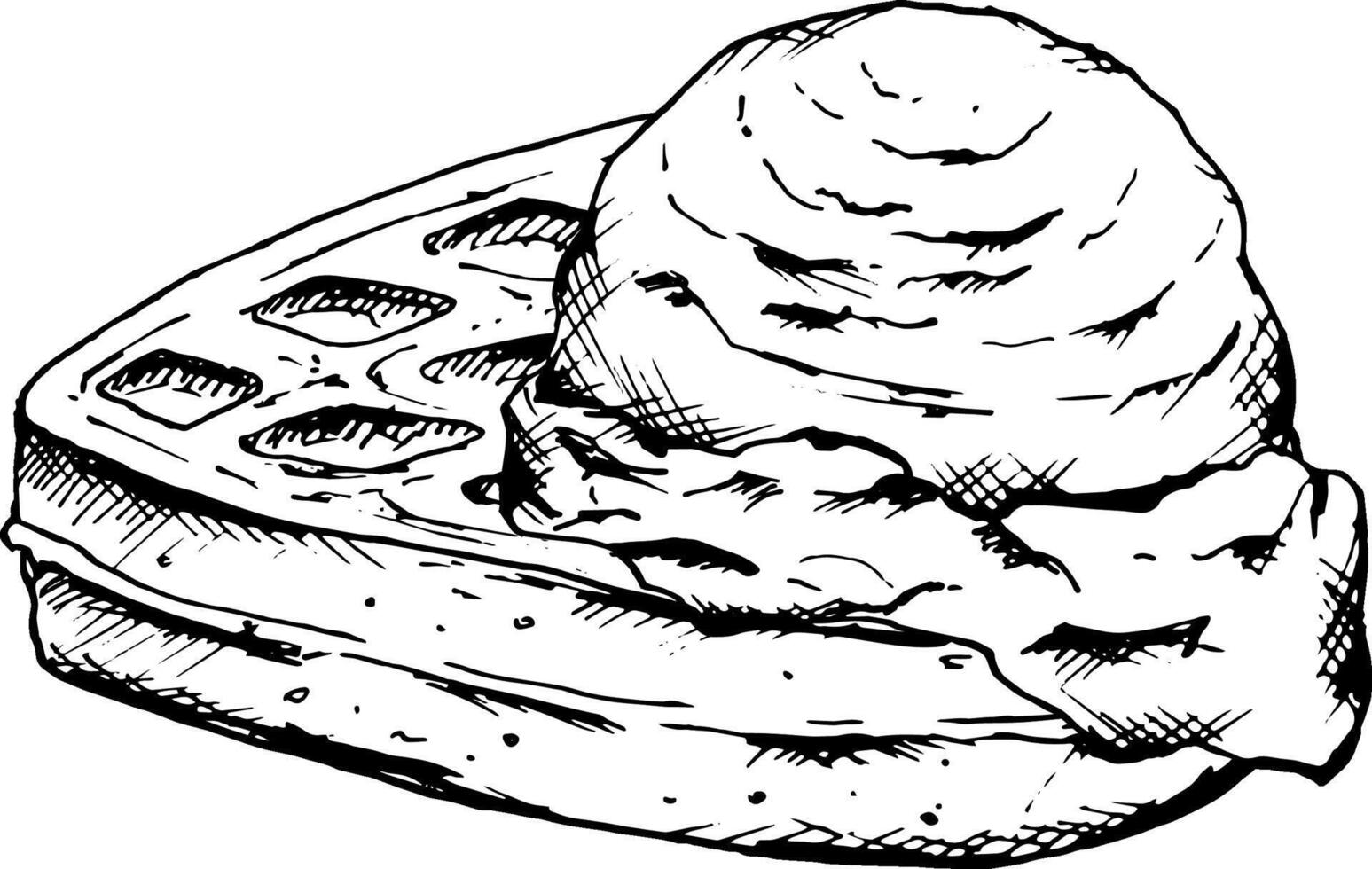 Hand drawn black and white illustration of a soft heart-shaped Belgian waffle with a scoop of ice cream. Perfect for bakery menus, dessert branding, packaging, holiday culinary designs vector