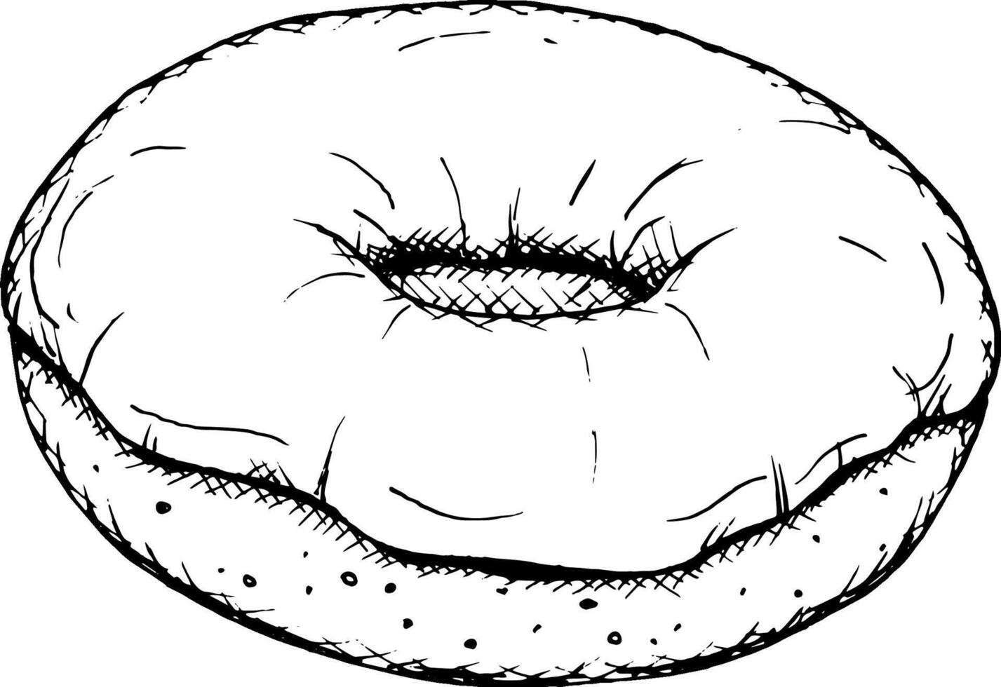 A simple black and white illustration of a classic donut in a hand-drawn style. Perfect for bakery branding, pastry shop branding, dessert menus, snack packaging, culinary or holiday projects vector