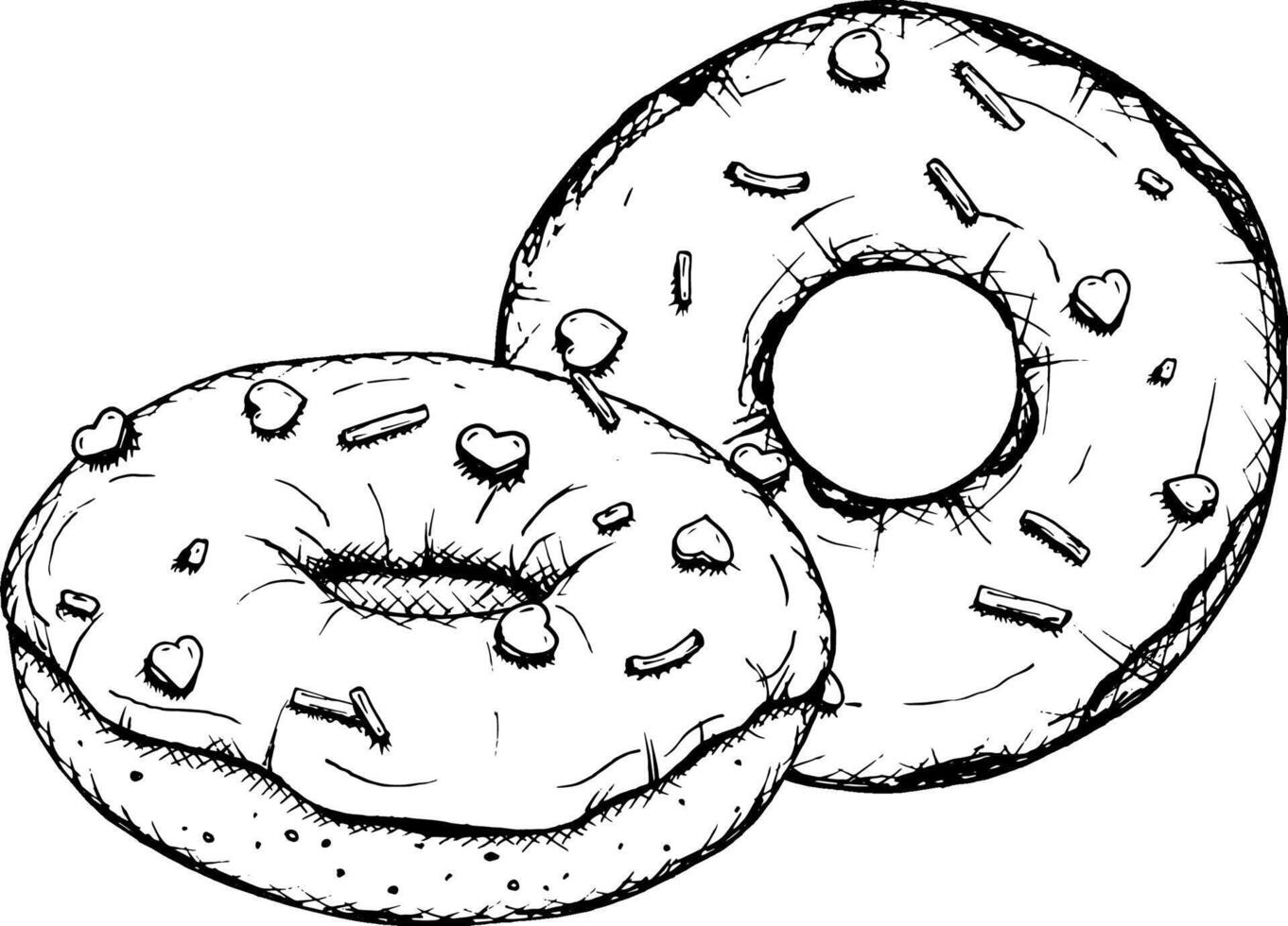 sketch of two round donuts with icing and sprinkles in the shape of a heart. Hand drawn with a liner, perfect for Valentine s Day designs, menu, packaging and branding. Romantic and sweet vibes vector