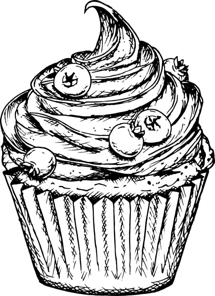 Hand-drawn black-and-white illustration of a cupcake with fresh berries. Perfect for bakery branding, dessert menus, Valentine-themed card, festive packaging, creative culinary, romantic design vector