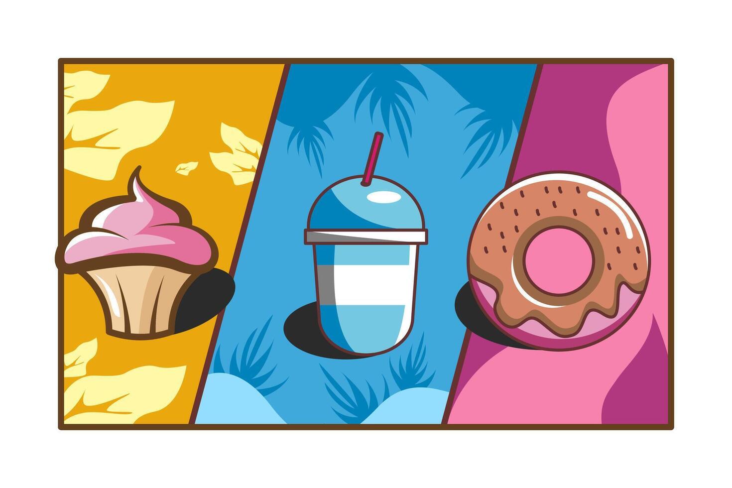 Food and Drink Illustration. shows a cupcake, drink , and donut vector