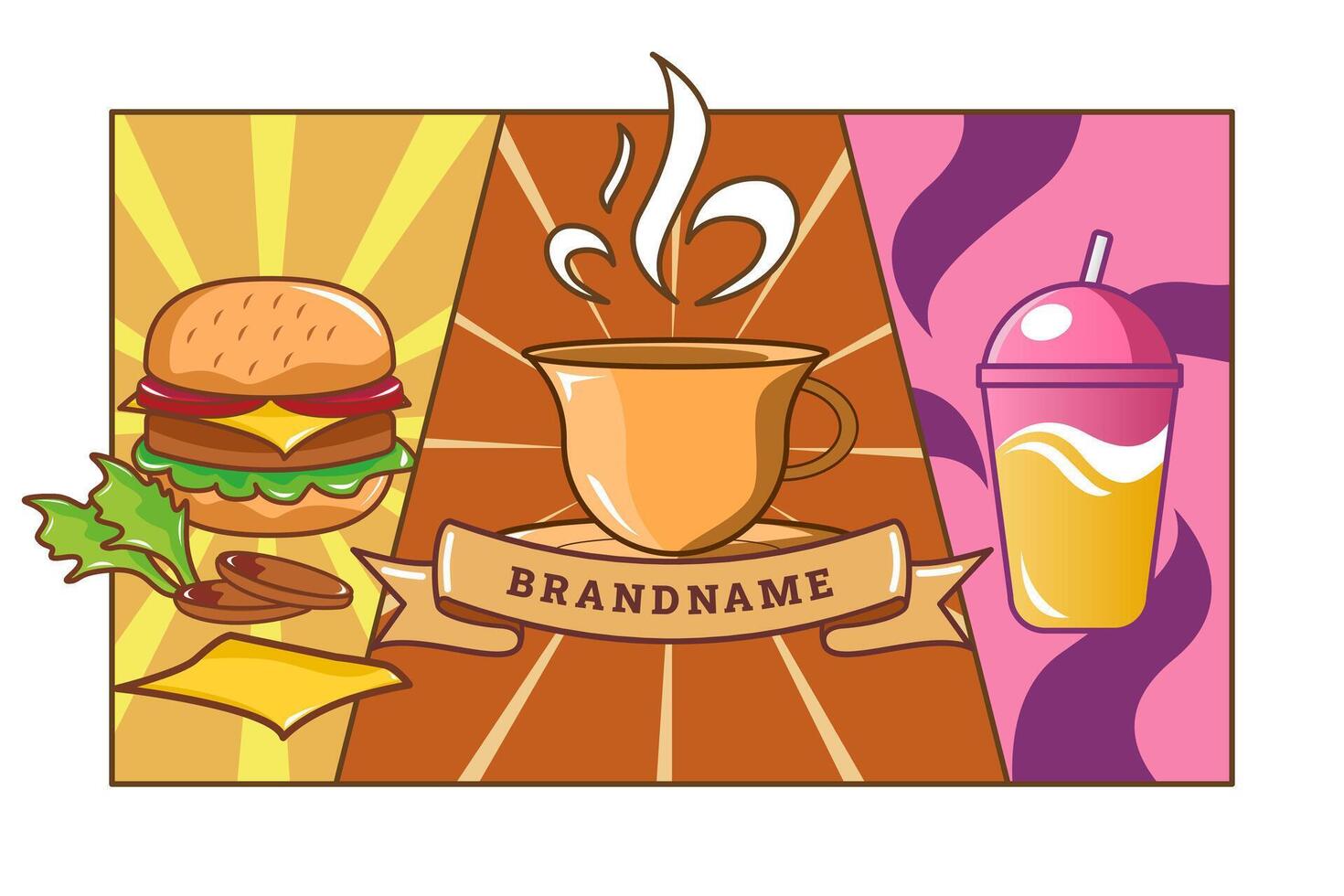This illustration is divided into three sections. The left section features a hamburger. The middle section showcases a steaming cup of coffee.The right section displays a cold beverage in a cup. vector