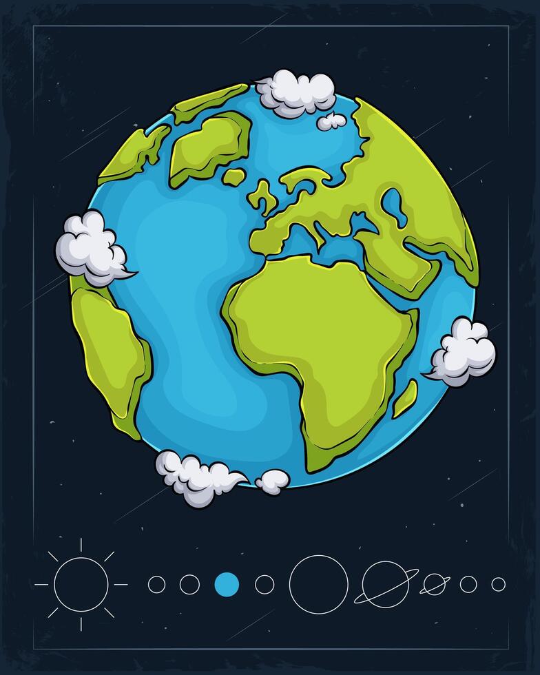 Hand drawn rocky terrestrial blue earth planet with oceans and continents and clouds in the galaxy vector