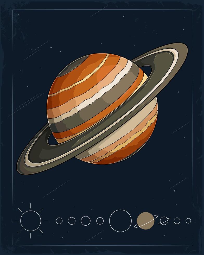 Hand drawn gas giant massive large hazy yellow brown Saturn planet with its ring around in universe vector