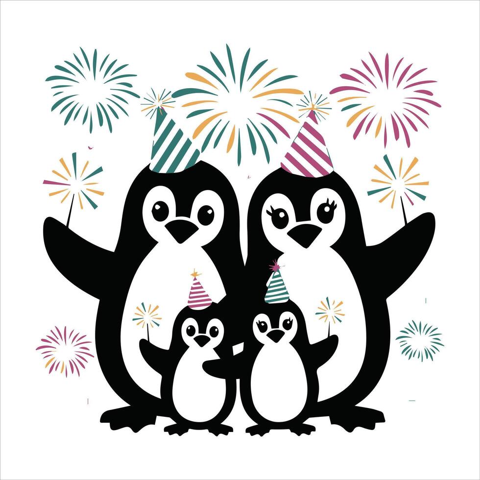Three penguins with balloons, gift boxes and a funny hat with golden sparkles. illustration vector