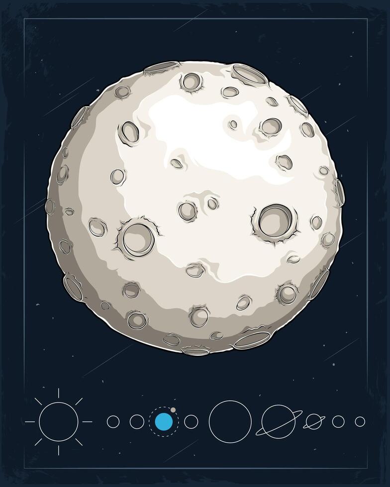 Hand drawn solid reflective rocky off white brown grey Moon with its lunar craters in outer space vector