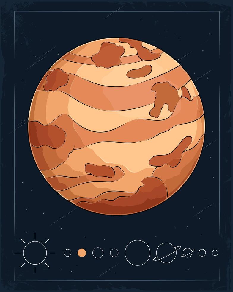 Hand drawn light yellowish shiny terrestrial Venus planet in outer space full of asteroids and comet vector