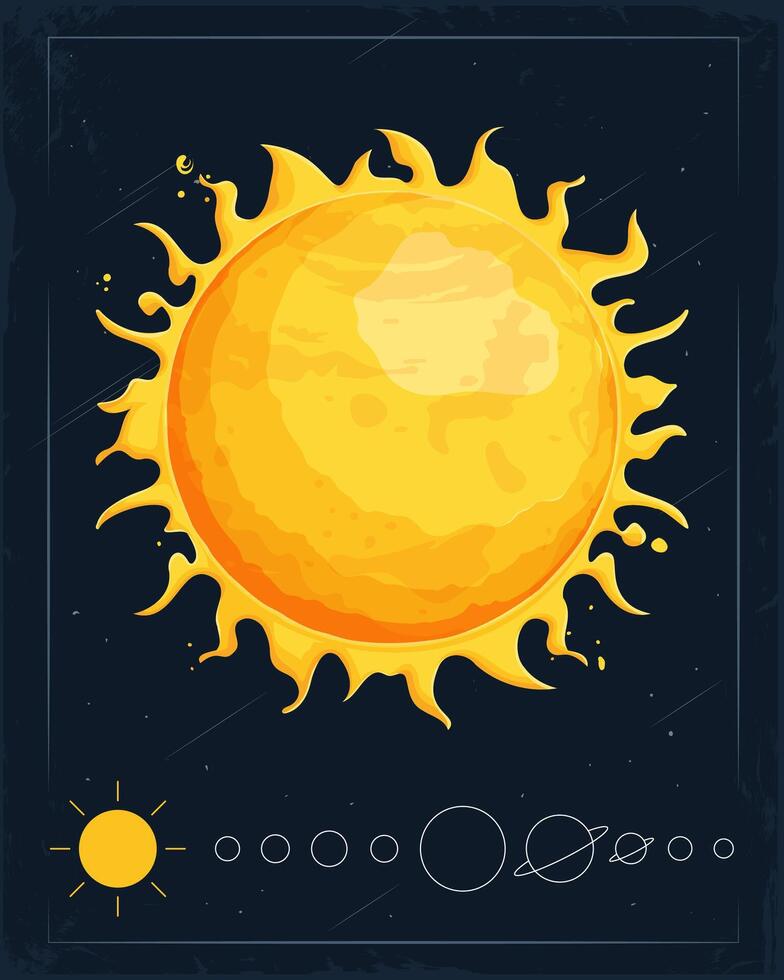 Hand drawn golden bright sun with scorching flames on the surface, in the glowing milky way galaxy vector