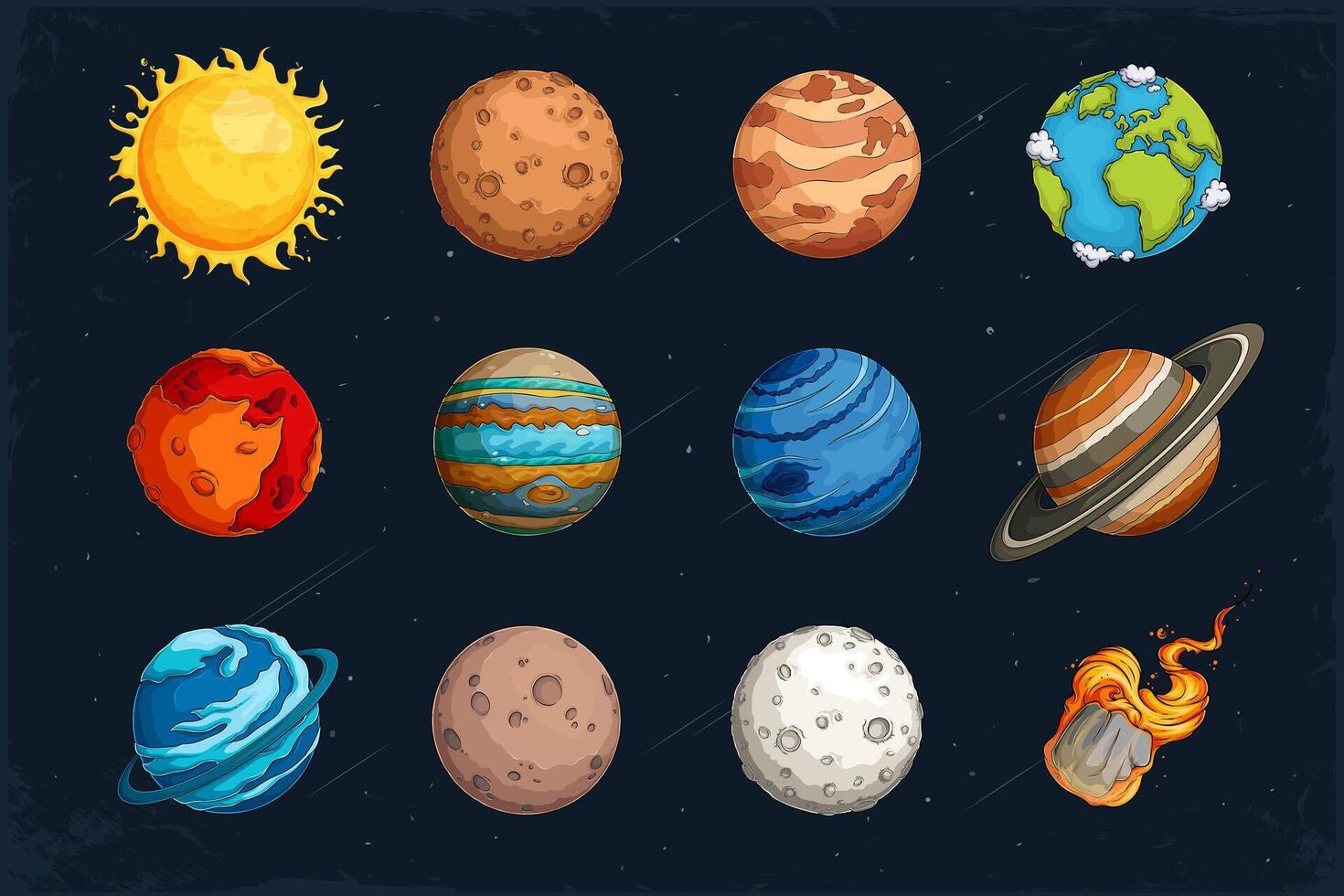 Hand drawn set of solar system planets with the sun and the moon and a comet in outer space universe vector