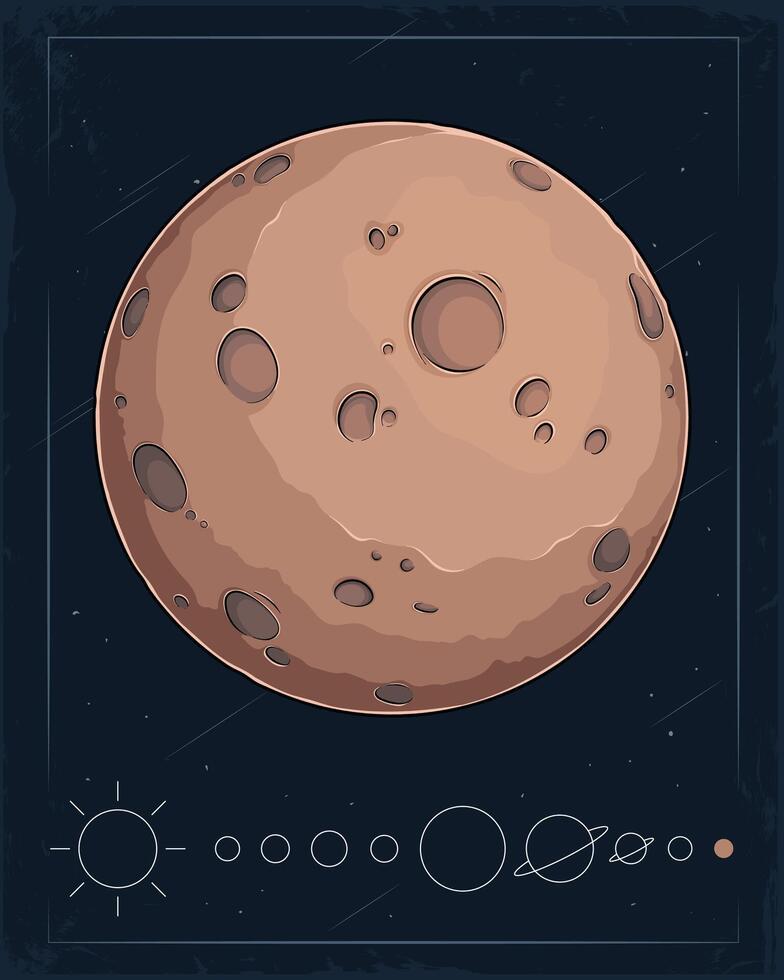 Hand drawn icy rocky brown Pluto planet in outer space universe with comets, stars and asteroids vector