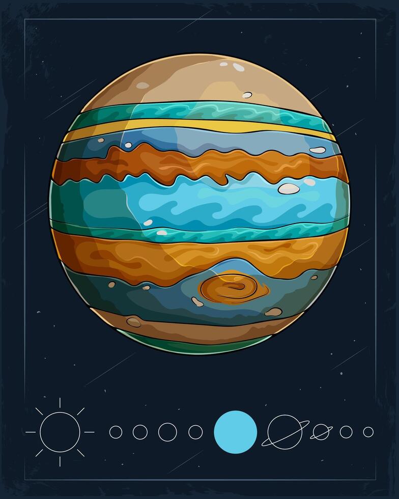 Hand drawn massive surface-less stripy Jupiter planet in the universe in orbit around the Sun. vector