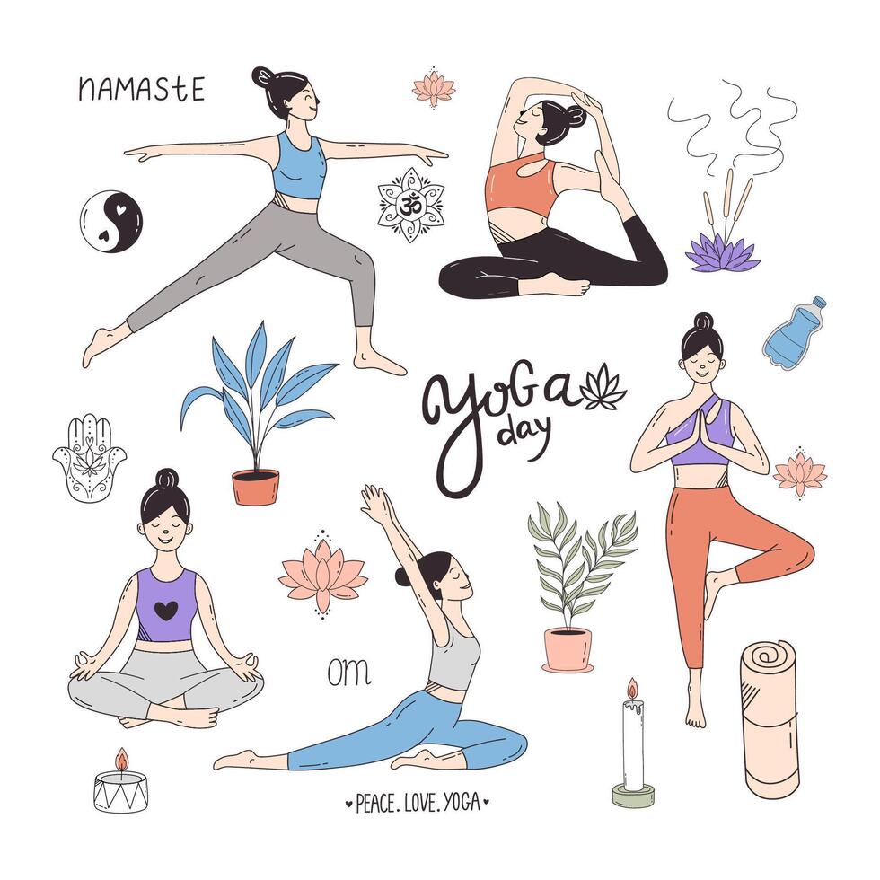 yoga and meditation set of doodle illustration vector