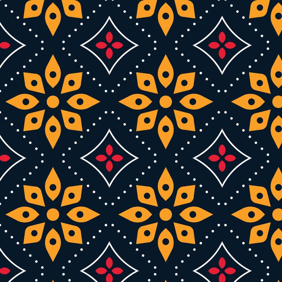a pattern with orange and blue flowers on a dark blue background vector