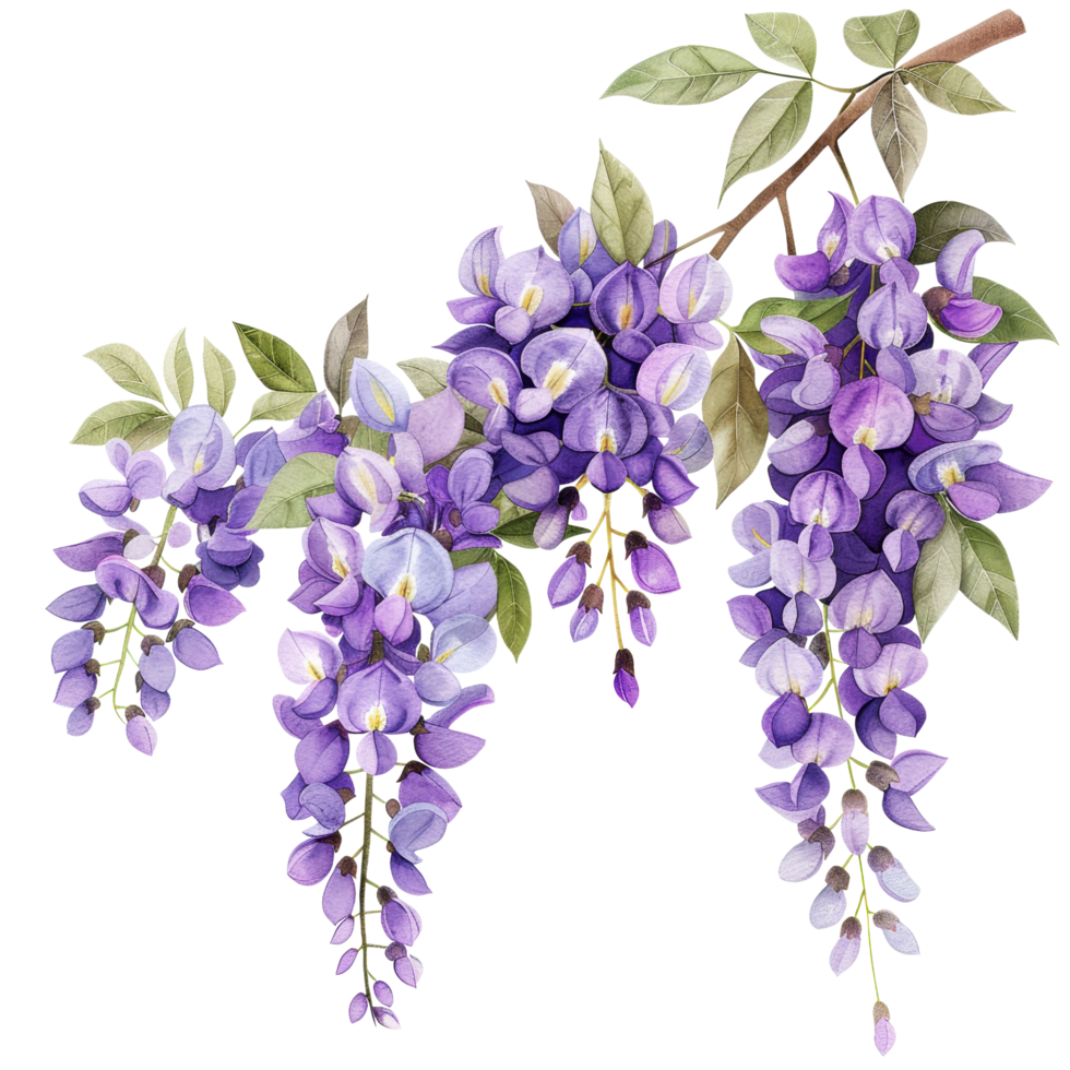 Watercolor blooming purple Wisteria flower branch and wildflower on twig clip art element illustration png