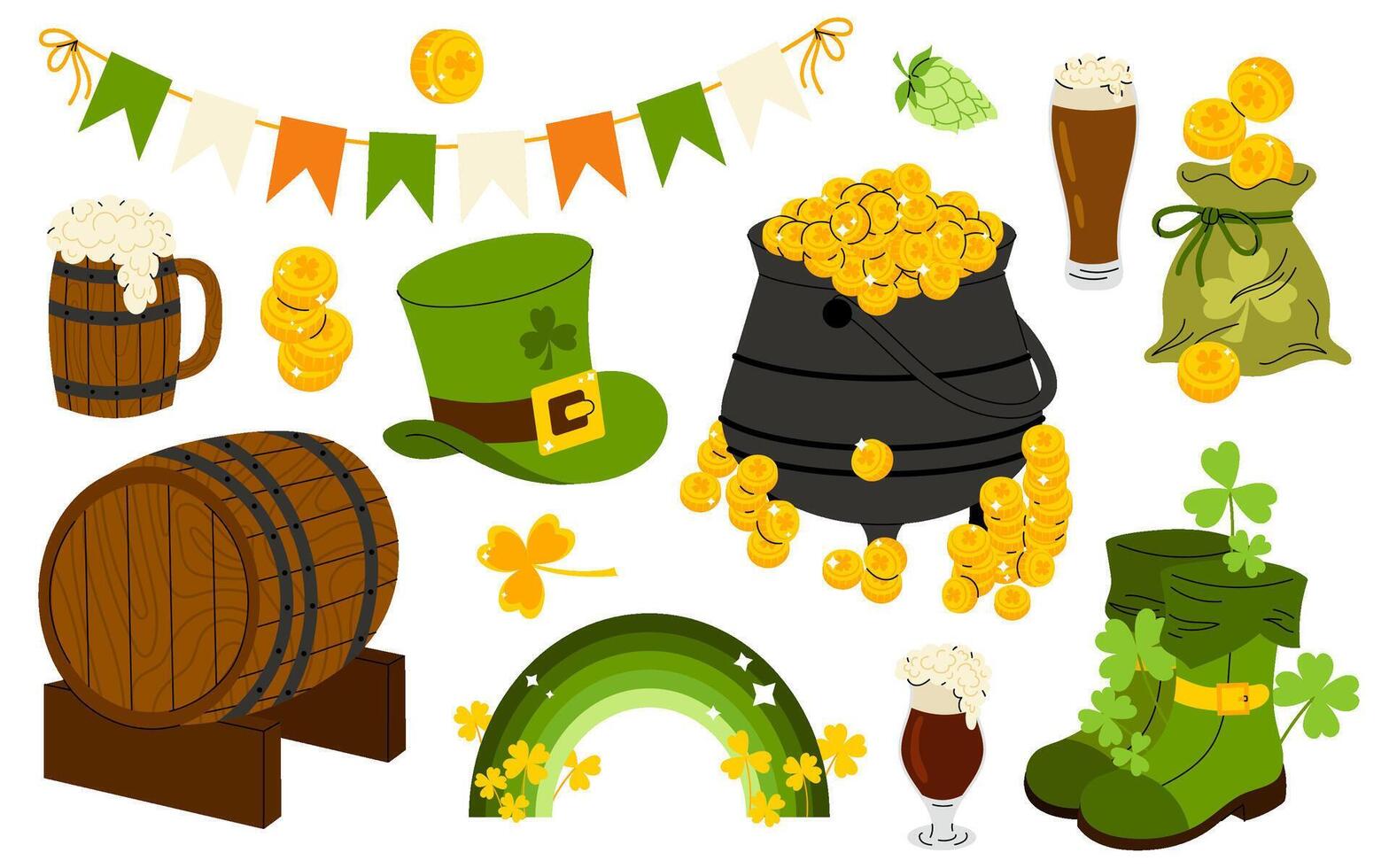 St. Patrick Day. Set of symbols and elements. Glasses of beer, cone hat, cauldron with gold, clover, flags, boots, gold coins. vector