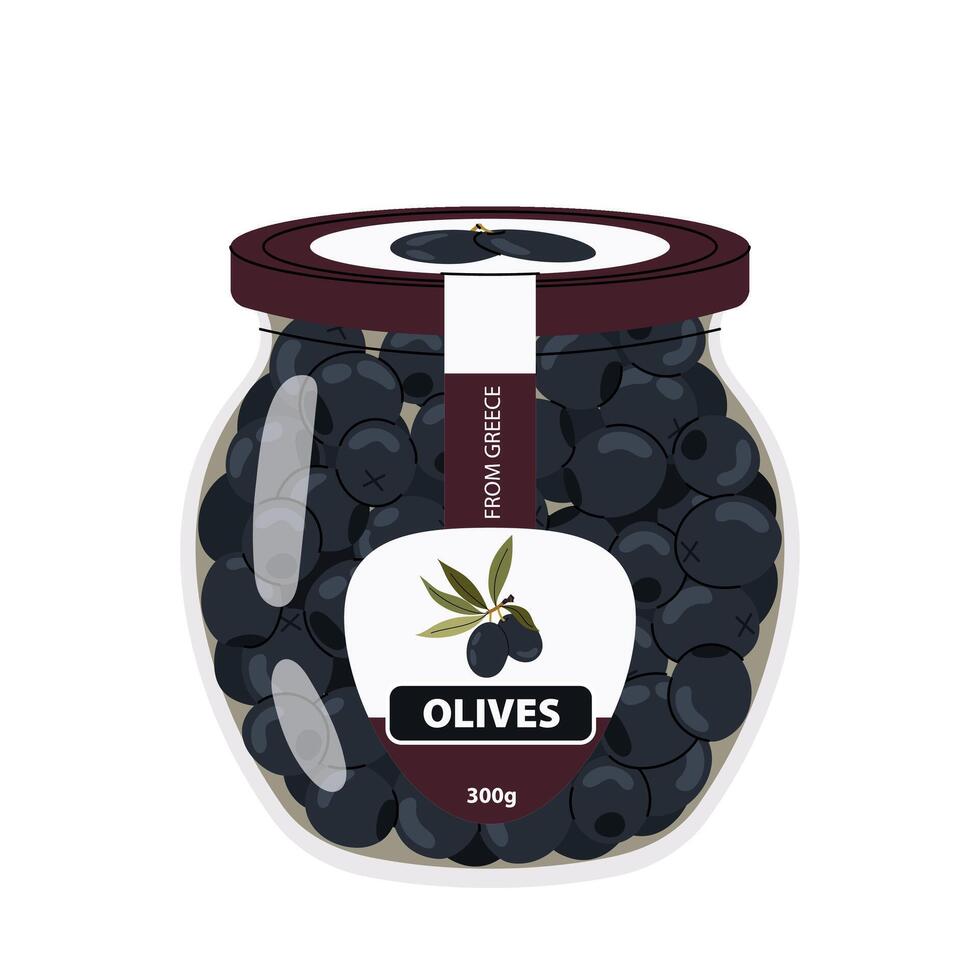 Black olives in glass jar. Marinated olives. Illustration jar pickled olive snack. Flat illustration on white background. vector