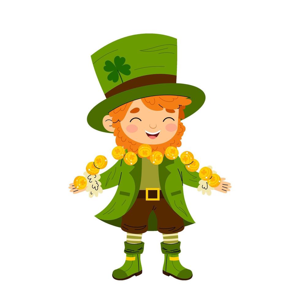 Leprechaun with gold coins. Funny mythical character. St. Patrick's Day. Happy man in a green suit and hat. Flat illustration. vector