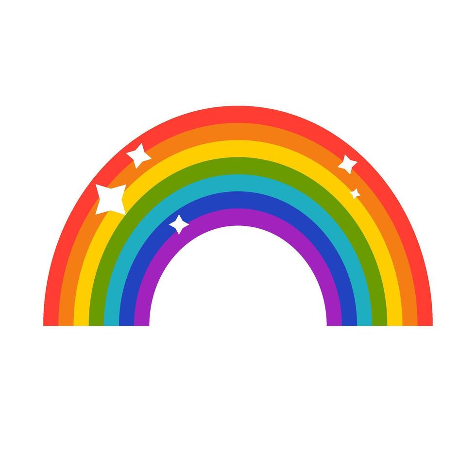 Rainbow. Seven colors of the rainbow. Rainbow arch with stars for decoration, cards, background. Symbol of variety. Flat illustration on white background. vector
