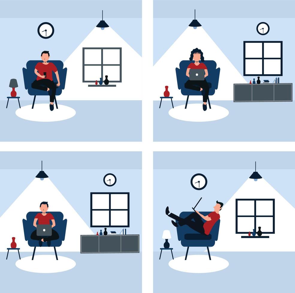 a man and woman casually work from home on the favorite sofa - colorful flat cartoons illustrations set vector