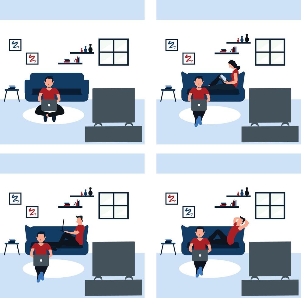 a young man learning and watching a television with his friend - colorful flat cartoons illustrations set vector