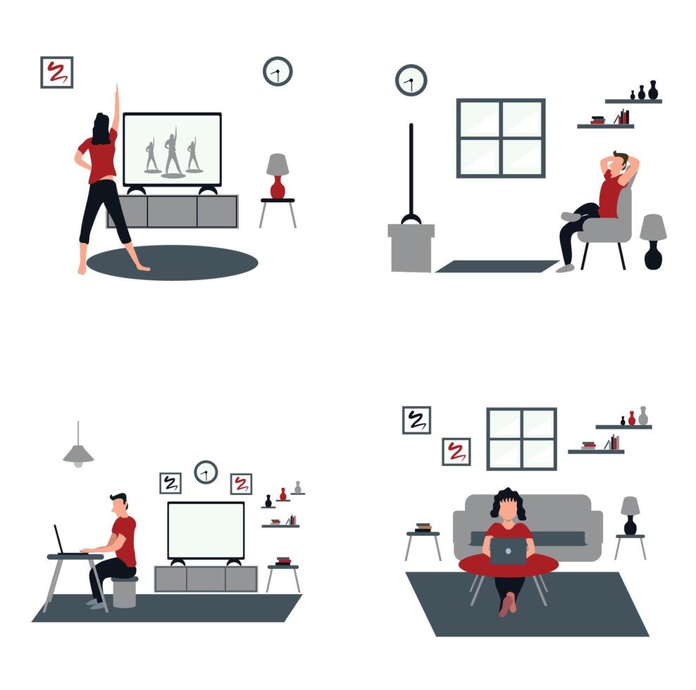 women doing aerobics at home, man and woman casually work from home, a man casually watching television at home - flat illustrations isolated on white vector