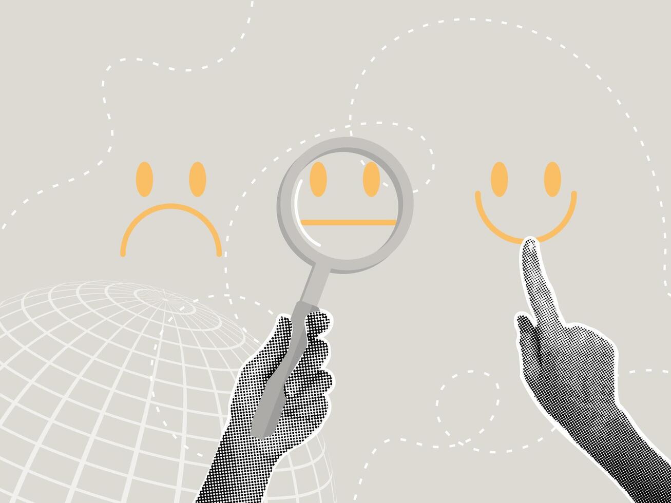 Trend halftone collage. Feedback concept, customer feedback, customer reviews, customer evaluation, rating concept. Hand picks face with smile showing customer satisfaction and high rating vector