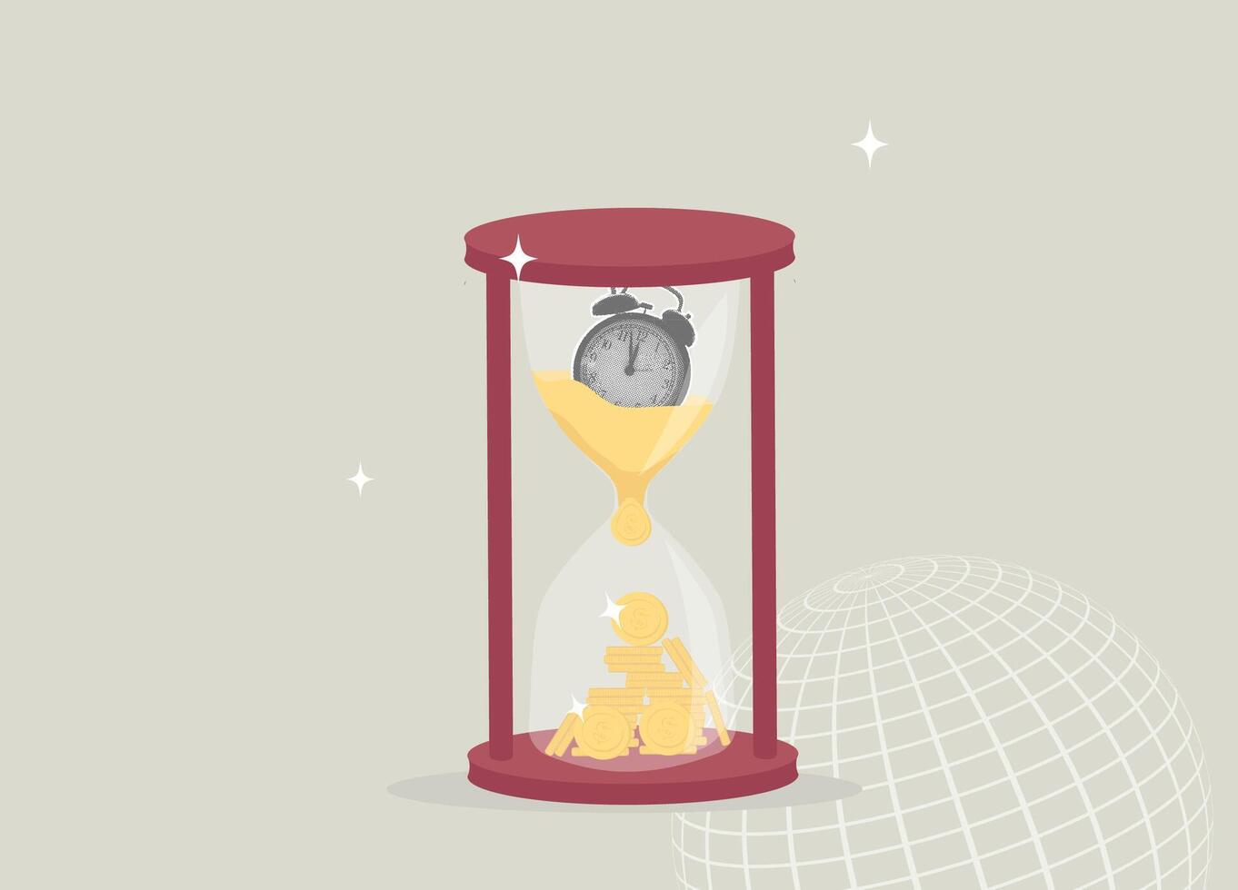 Trendy halftone collage. Time is money,business concept, long term investment for profit, return on interest rate by increasing savings, long term return on investment. Halftone hourglass alarm clock vector