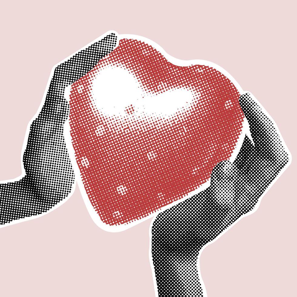 Trendy halftone collage.Heart in the hands of a loved one. Hands gently holding a red halftone heart of a loved one, protecting it. Concept of communication, cherishing each other vector