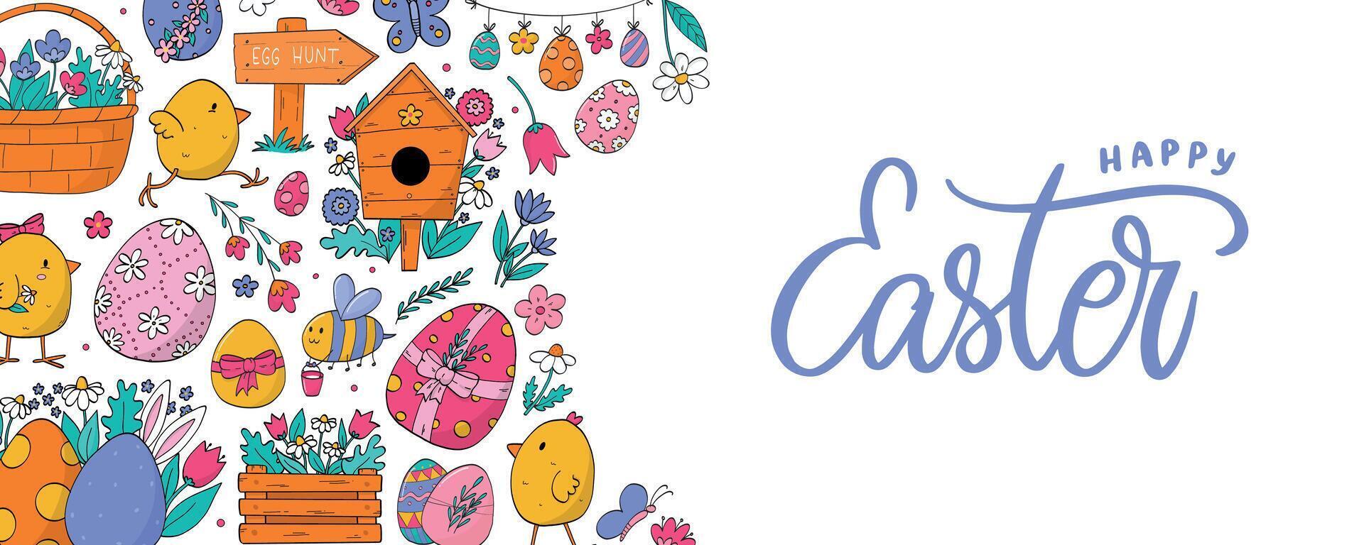Easter horizontal banner, invitation, social media cover, template, card, poster design with doodles and lettering quote. EPS 10 vector