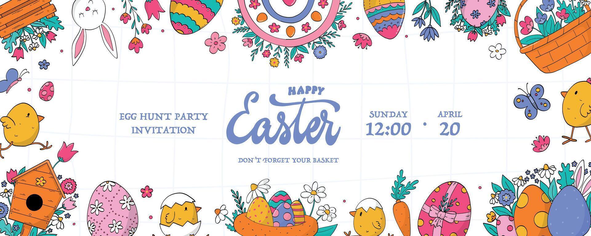 Easter banner decorated with lettering quote and frame of doodles. Good for prints, invitations, templates, cards, social media covers, etc. EPS 10 vector