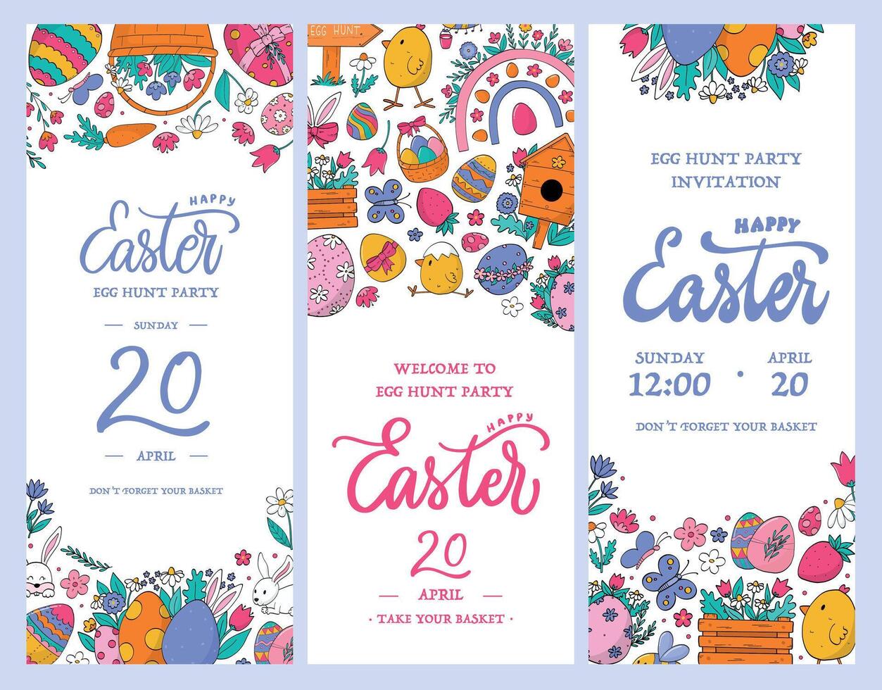 Easter vertical banners, leaflets, posters, invitations, cards, templates, etc decorated with doodles and lettering quotes. EPS 10 vector