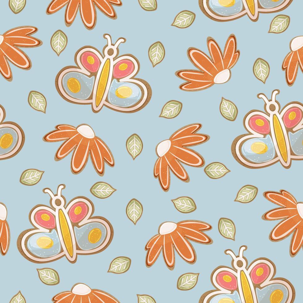 Easter seamless pattern with cookies in the form of flowers, leaves and butterflies on a blue background. Childish cute floral pattern with butterfly. vector