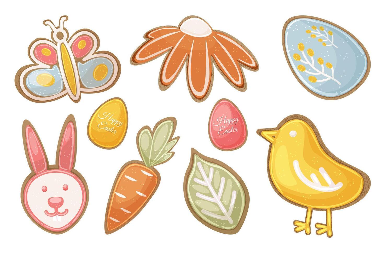 A set of Easter cookies in the shape of eggs, Easter bunny, carrot, chick, flower, butterfly, leaf. Easter baking and treats. vector