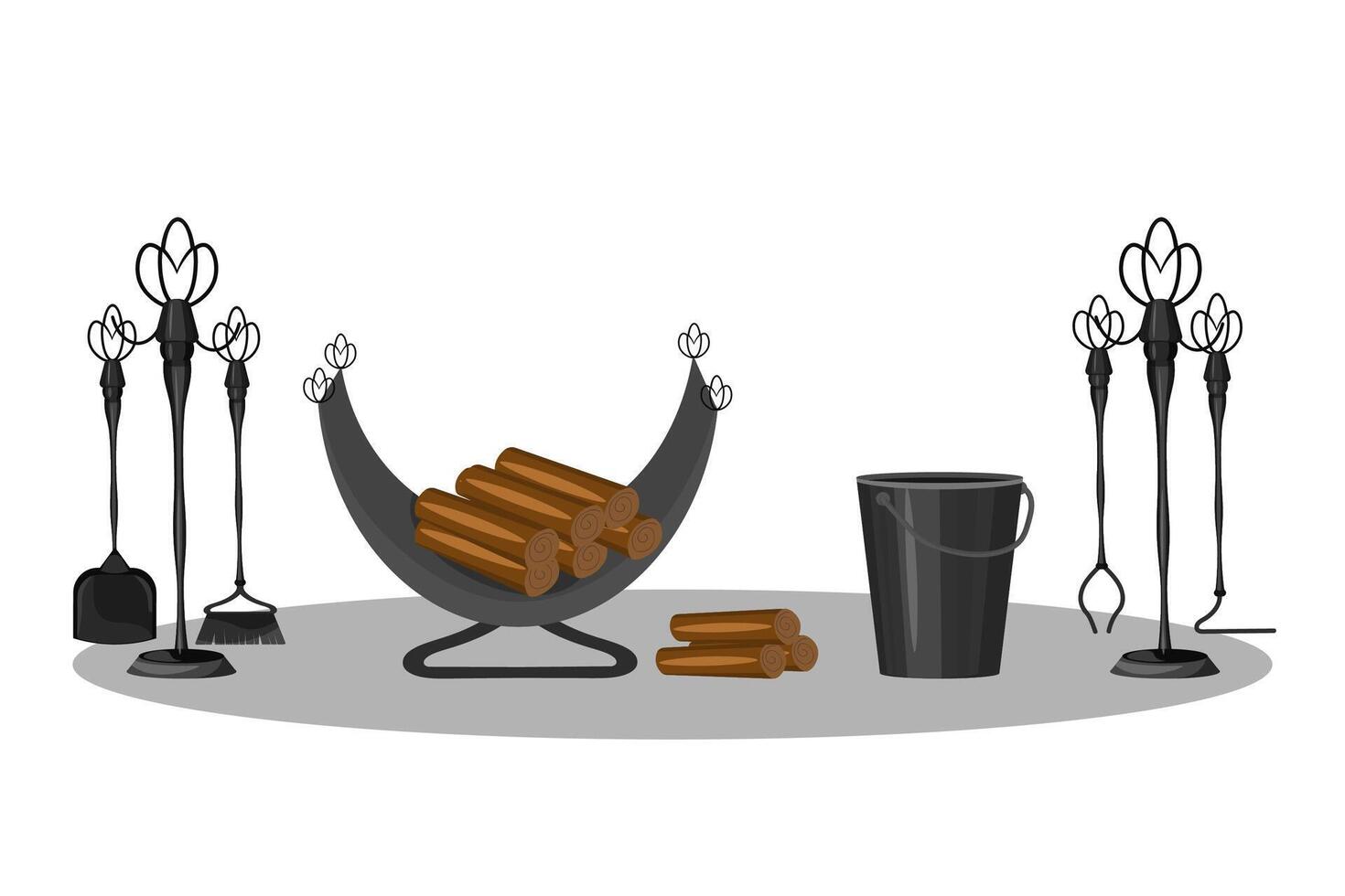 Fireplace tools and accessories. Firebox with firewood, scoop, brush, poker, forceps and coal bucket. vector