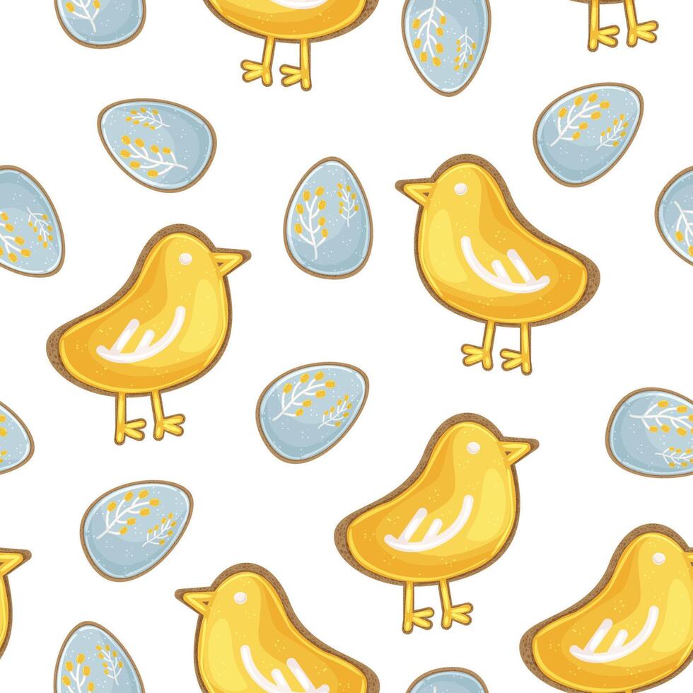Easter seamless pattern with cookies in the form of yellow chickens and blue eggs. Children cute bird. vector